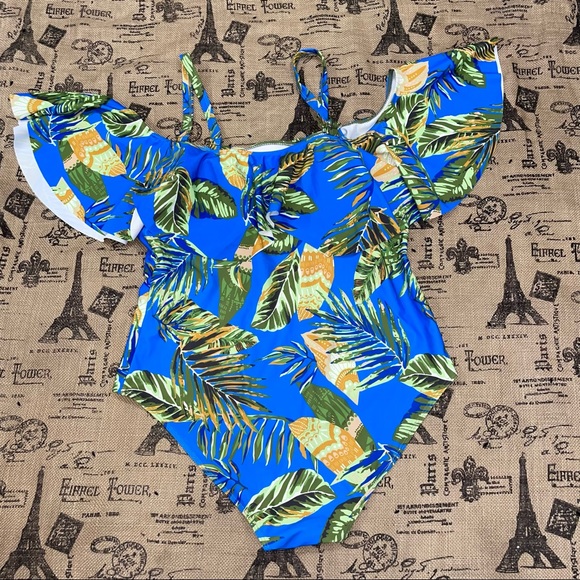 Daci NWT! Blue/Multi Palm Print Cold The Shoulder Swimsuit Size XXL - Picture 5 of 11